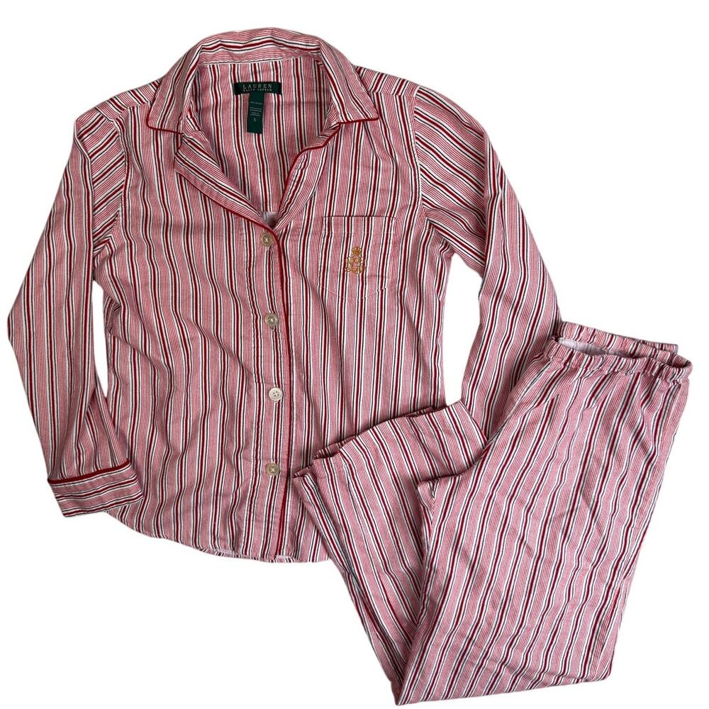 Ralph Lauren Pajama SET Womens Small Red Striped Crest Top Bottoms Preppy